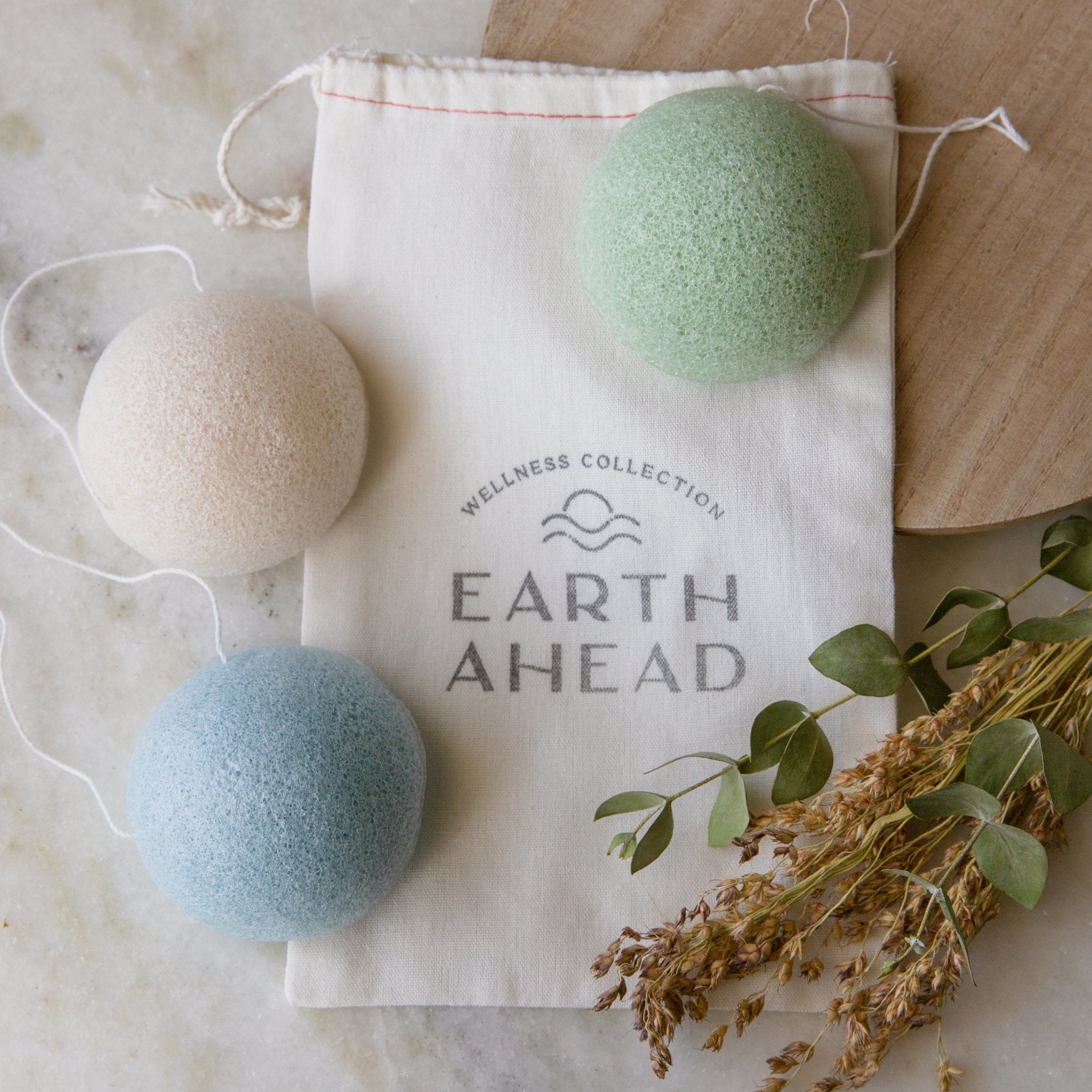 Gift Set: 3 plant based zero waste Konjac Facial Cleansing Sponges on top of Wellness Collection Cotton Pouch - Earth Ahead