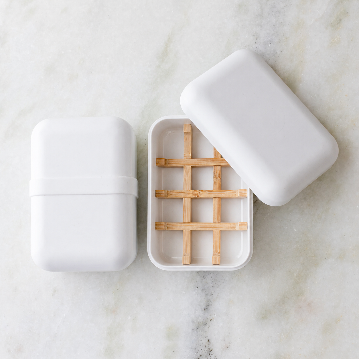 Earth Ahead bamboo fiber soap dish with lid and silicone band, white travel soap case
