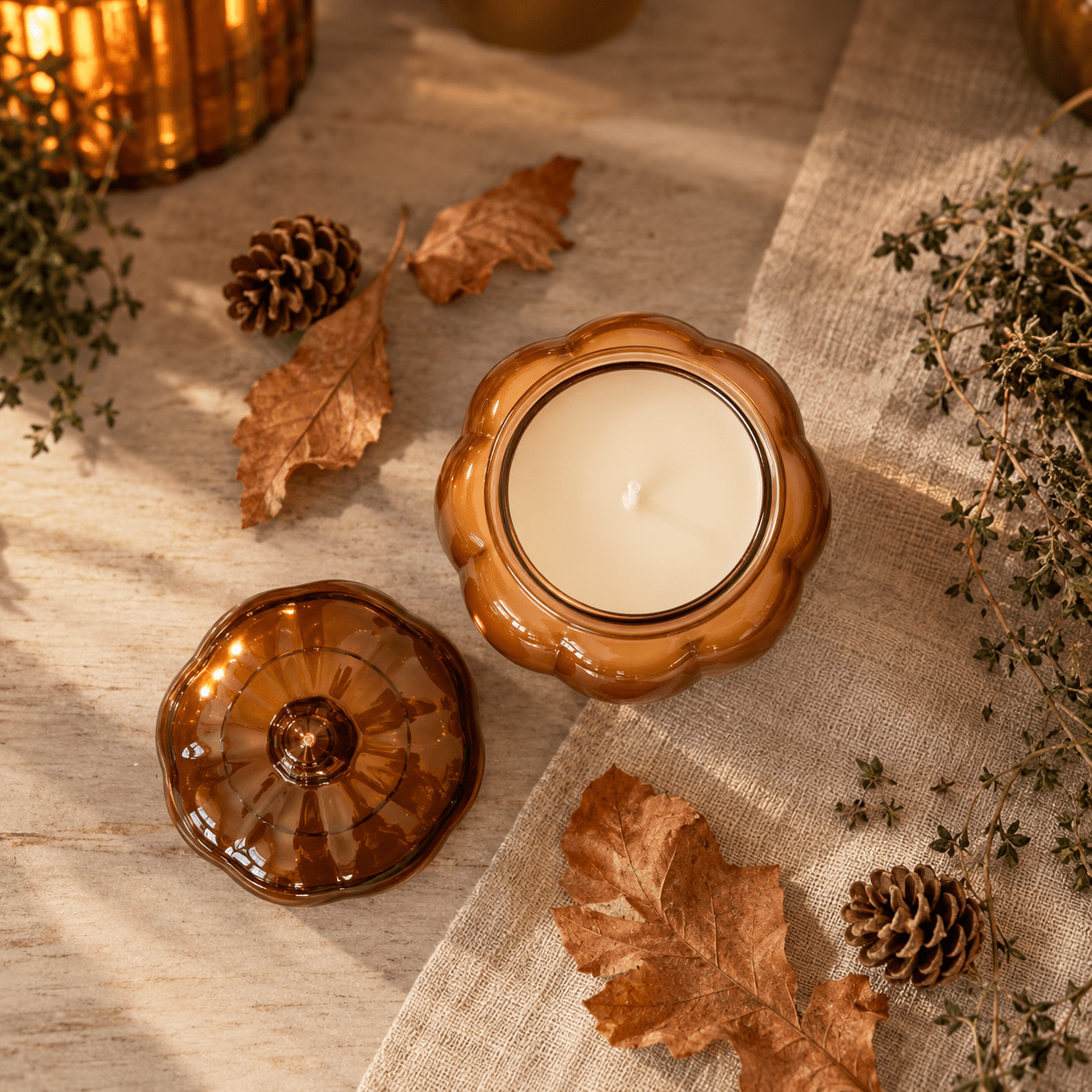 Ancient Woods Soy and Coconut Wax Candle in pumpkin jar - view from above