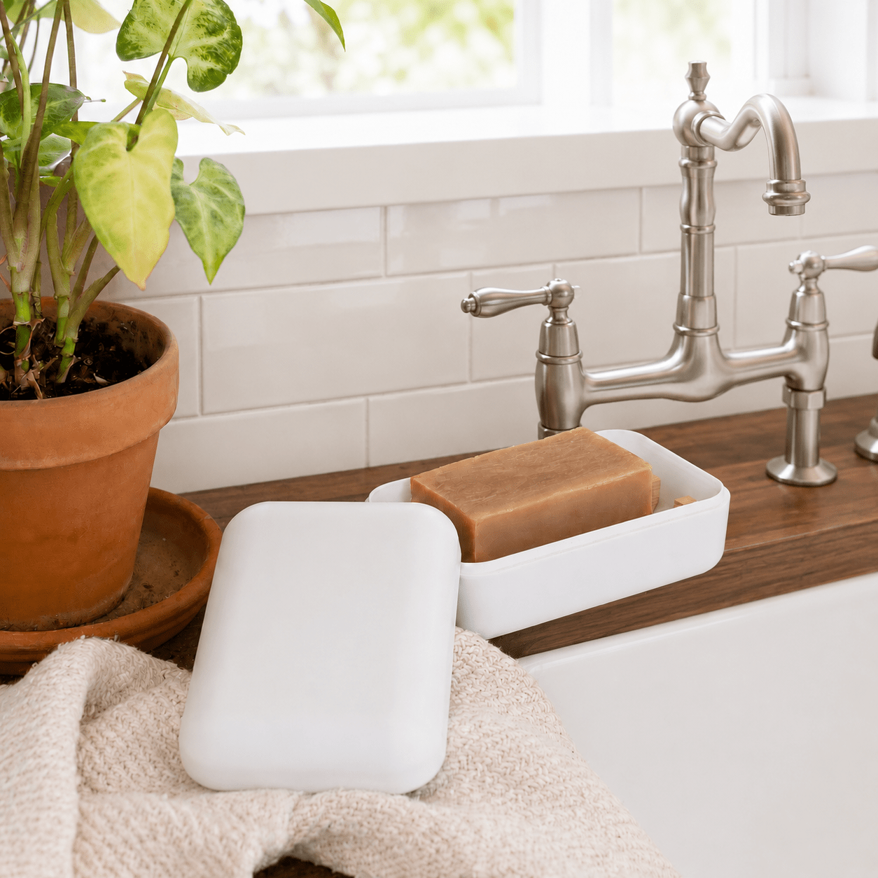 White bamboo-fiber travel soap case open with a sandalwood soap inside by the kitchen sink