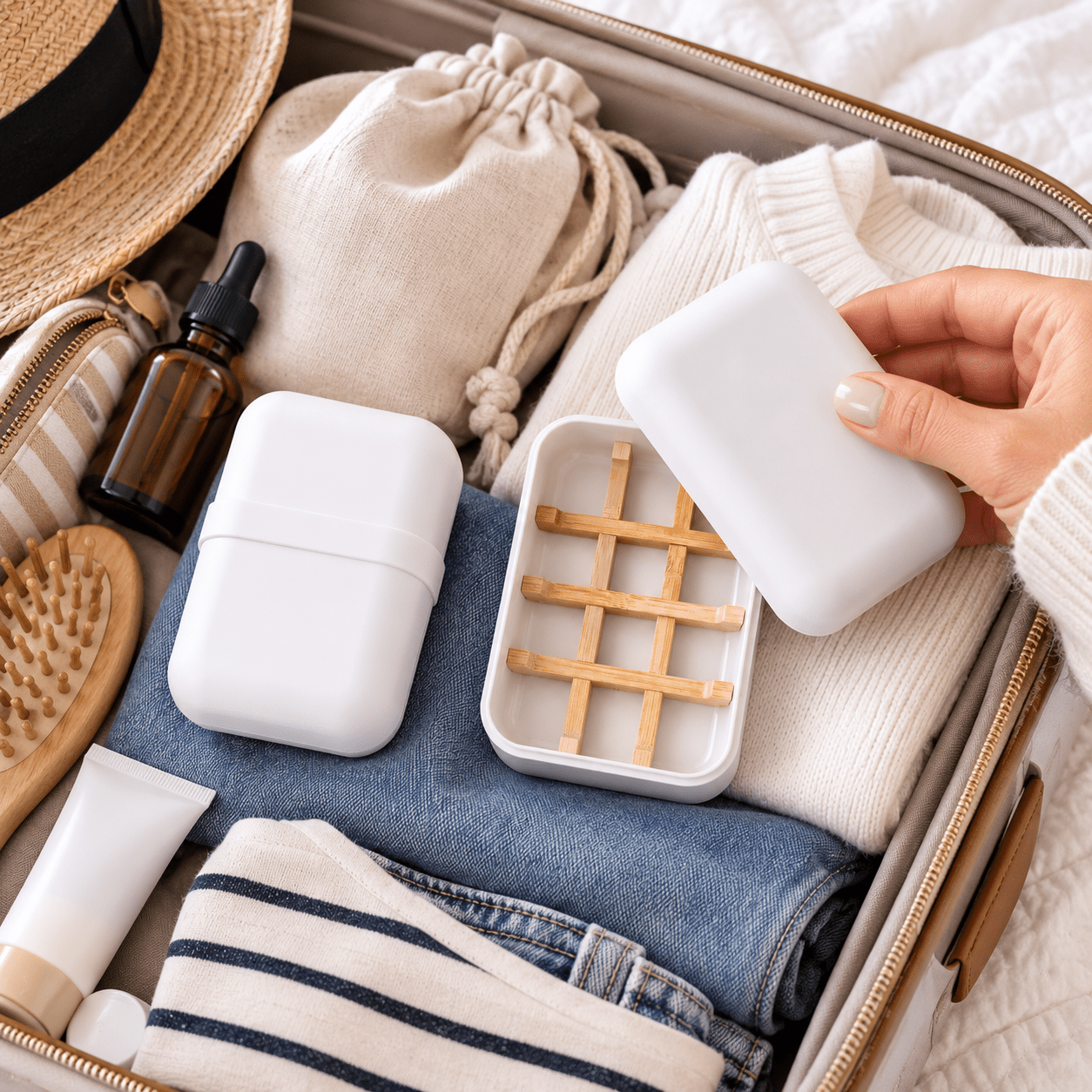Two white travel soap cases packed in a suitcase