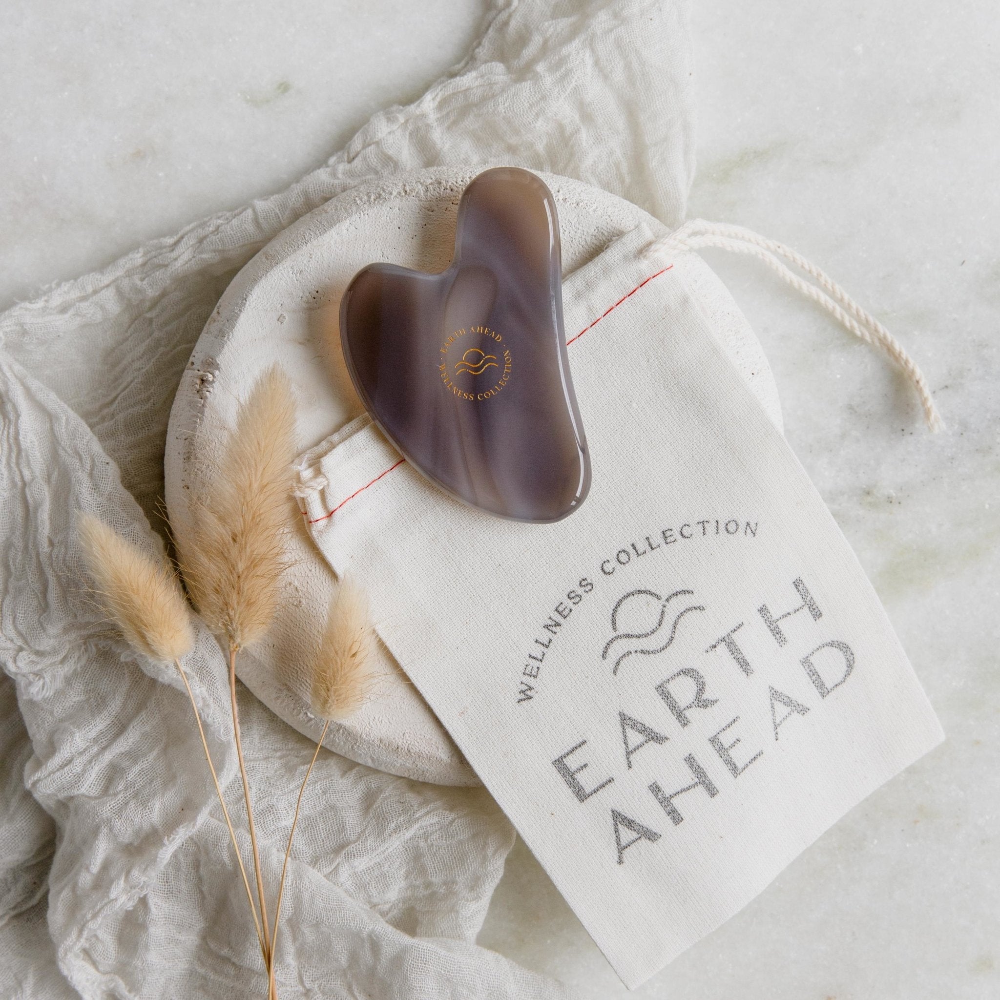 Natural stone - Gaia Grey Agate Gua Sha Facial Massage Tool with Wellness Collection cotton pouch - Earth Ahead