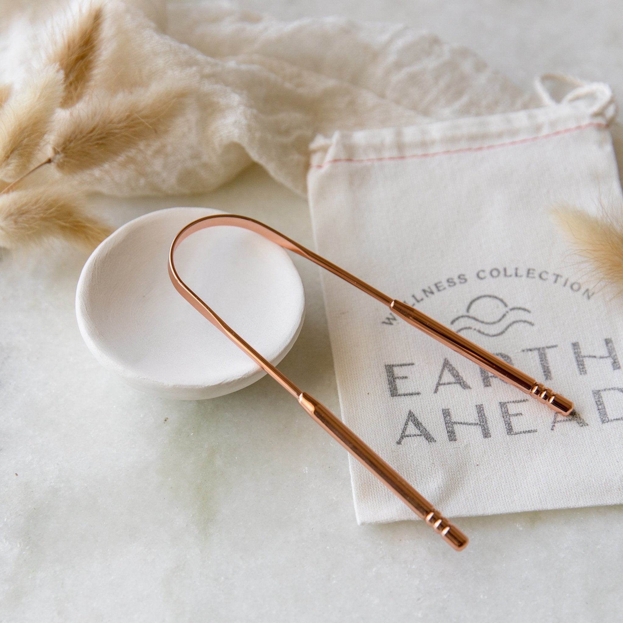 Ayurvedic Rose Gold Stainless Steel Tongue Scraper with Cotton Pouch - Earth Ahead