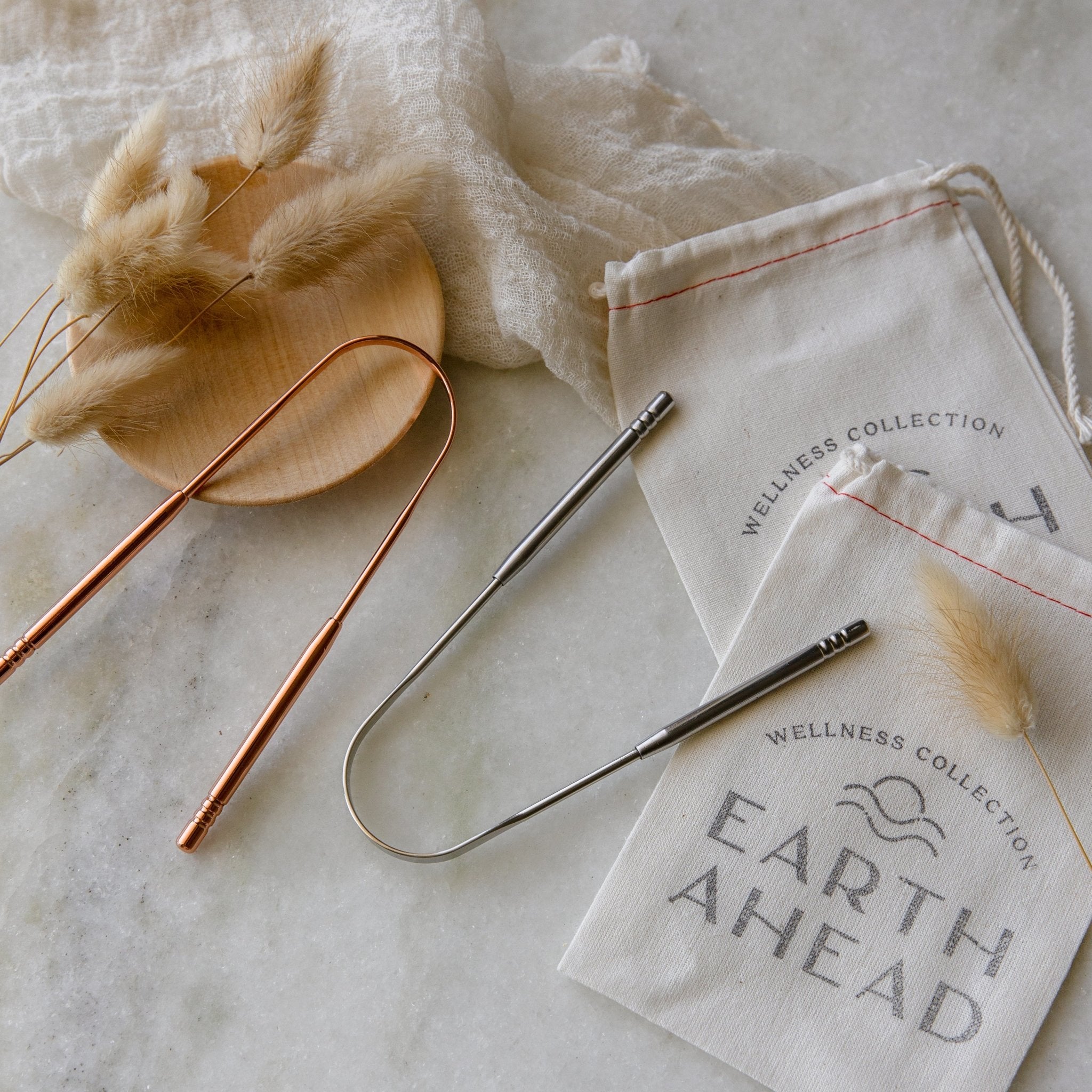 Ayurvedic Rose Gold and Silver Stainless Steel Tongue Scrapers with Wellness Collection Cotton Pouch - Earth Ahead